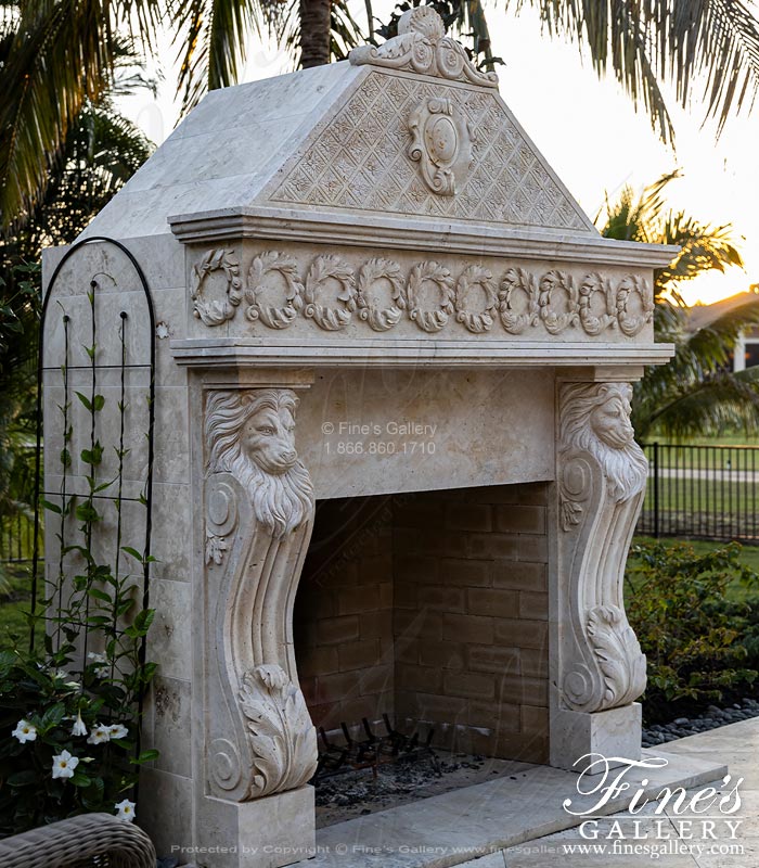 Lion Themed Mantel with Overmantel in Light Travertine