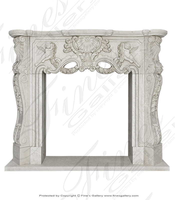 Marble Fireplaces  - Winged Cherubs Carved Marble Mantel In Botticino Forito Italian Marble - MFP-2132