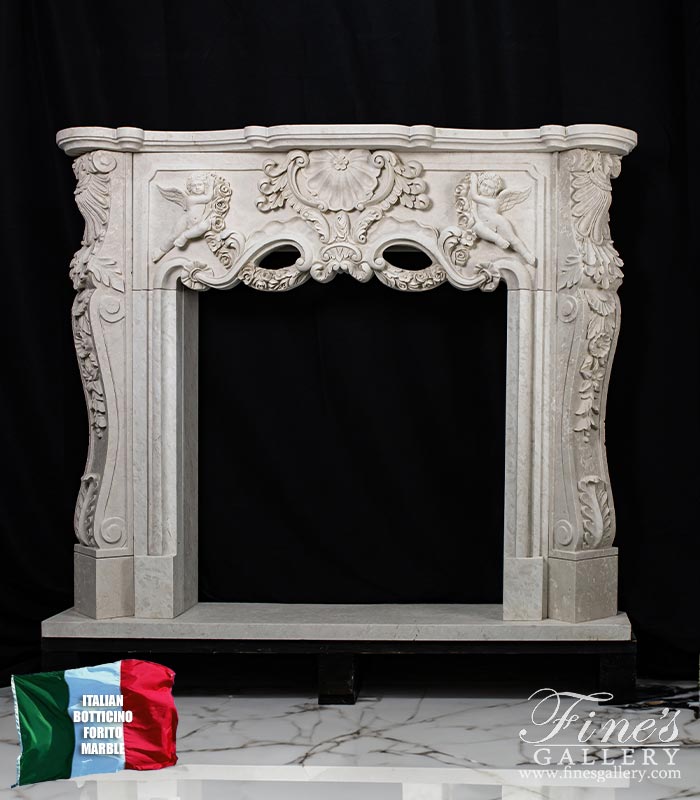 Winged Cherubs Carved Marble Mantel in Botticino Forito Italian Marble