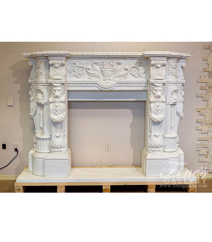 Elaborate Carved Marble Lions Fireplace Mantel