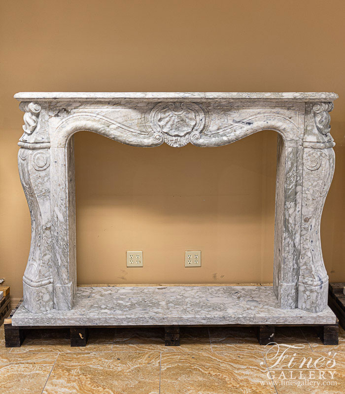 Marble Fireplaces  - Simple Shell Motif French Style  Mantel In Arabascato Verde Marble - MFP-2523