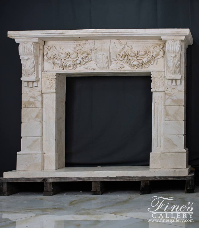 Marble Fireplaces  - Rose Garland Mantel With Deep Relief Work In Italian Ivory Travertine - MFP-2538