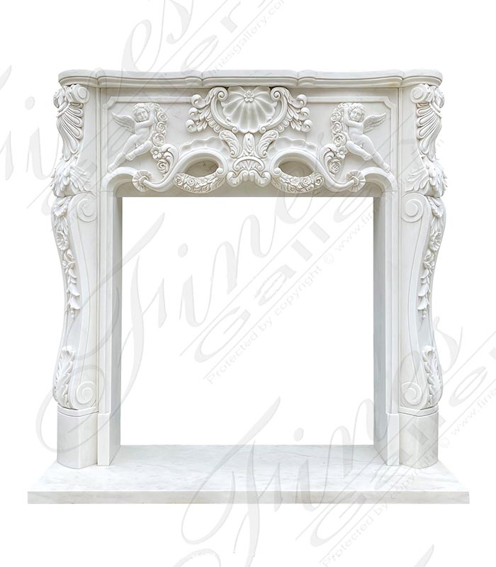 Rare hand carved winged cherub themed marble fireplace mantel