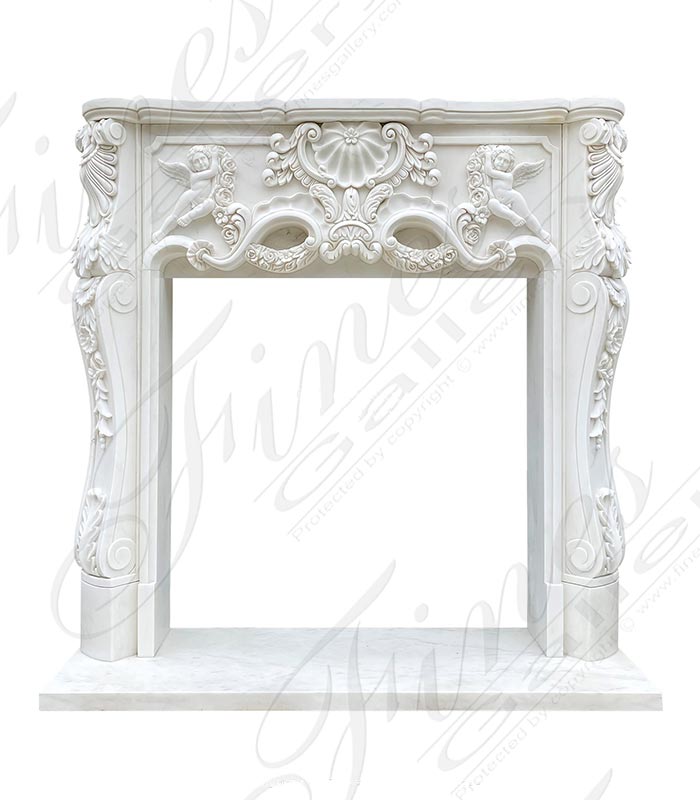 Marble Fireplaces  - Rare Hand Carved Winged Cherub Themed Marble Fireplace Mantel - MFP-2545