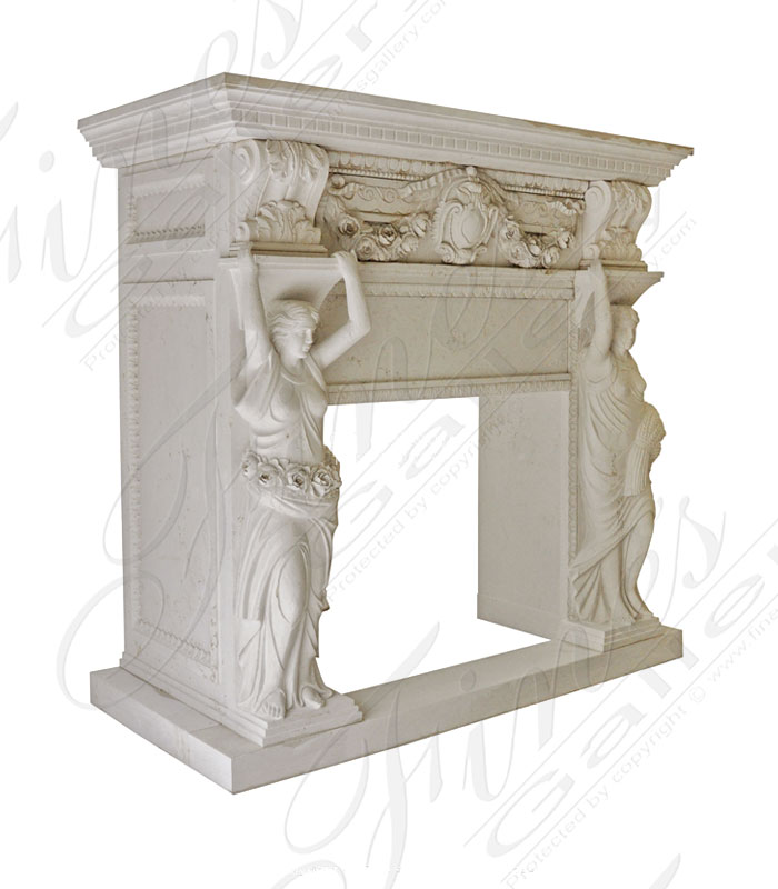 Grecian Statues Marble Mantel in Italian Bianco Perlino Marble