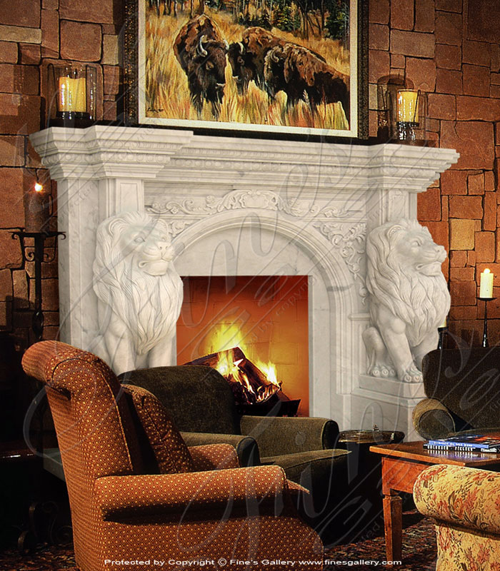 Marble Fireplaces  - White Marble Lions Fireplace - MFP-349
