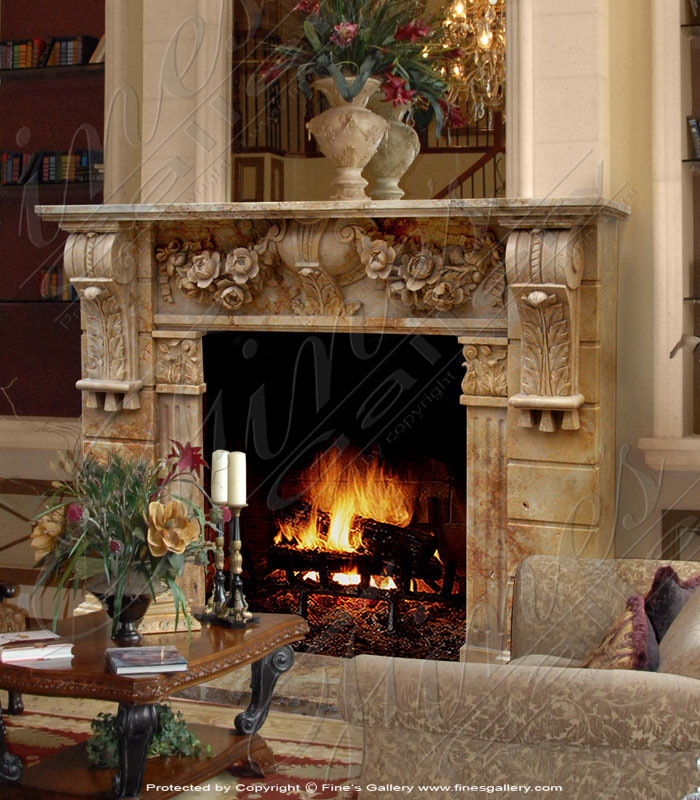 Marble Fireplaces  - Lavish Floral Marble Fireplace - MFP-608