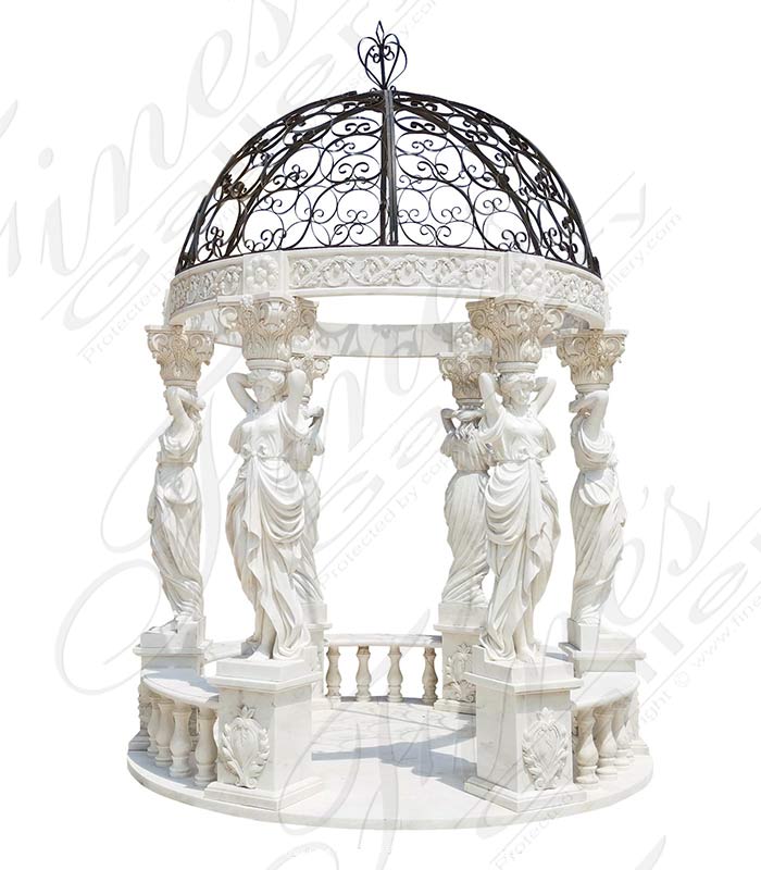 10 FT Round Marble Gazebo With Carved Maidens