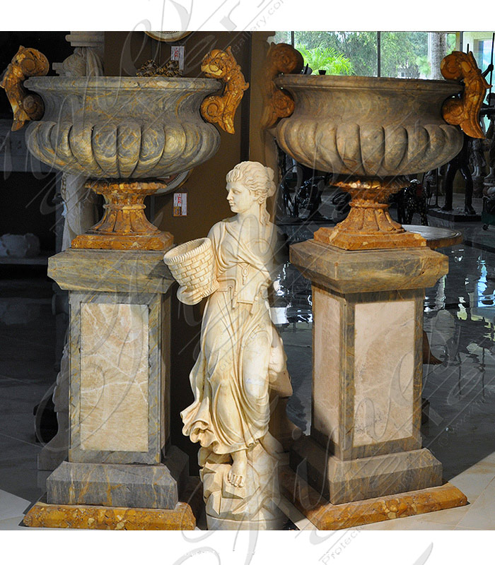 Marble Planters  - Tall Ornate Marble Planter Pair - MP-383
