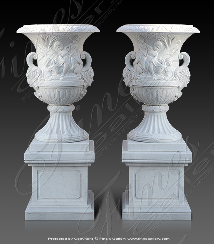 Marble Planters  - White Marble Planter Pair - MP-454