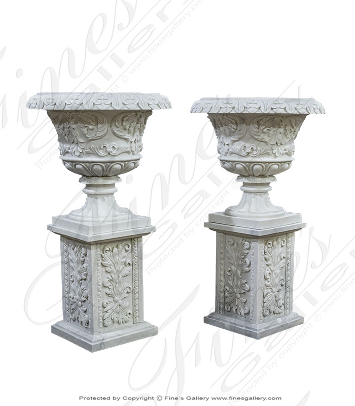 Marble Planters  - Ornate Marble Accanthus Scrollwork Planter ( Pair ) - MP-493