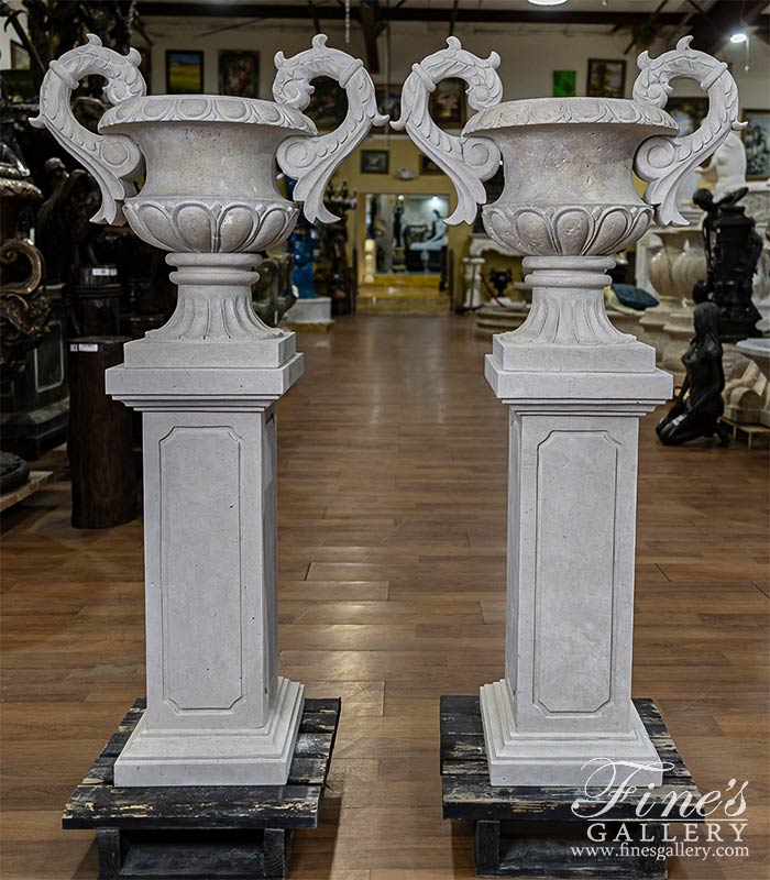 Marble Planters  - Light Travertine Planter Pair With Pedestals - MP-529