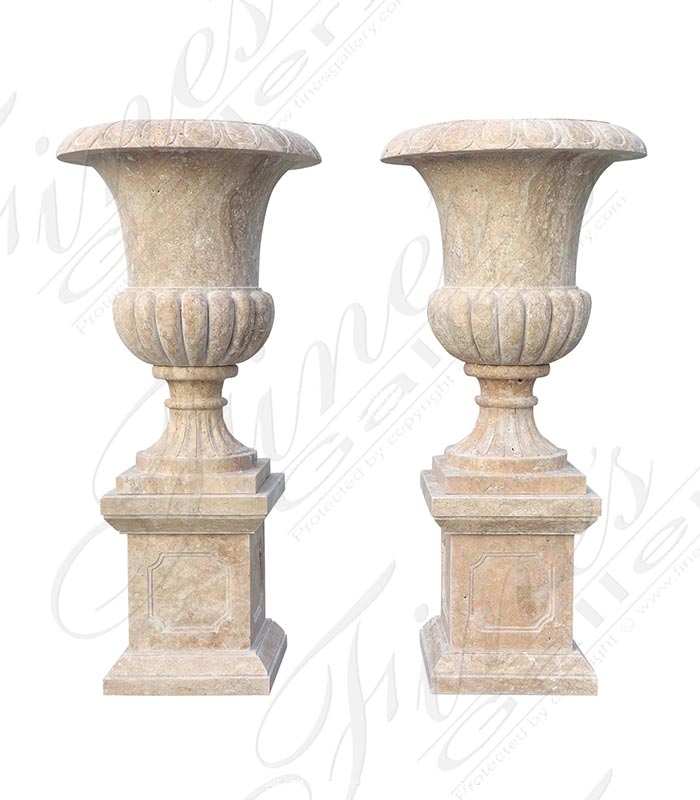 Marble Planters  - Traditional Planter Pair In Hand Picked Light Travertine - MP-531