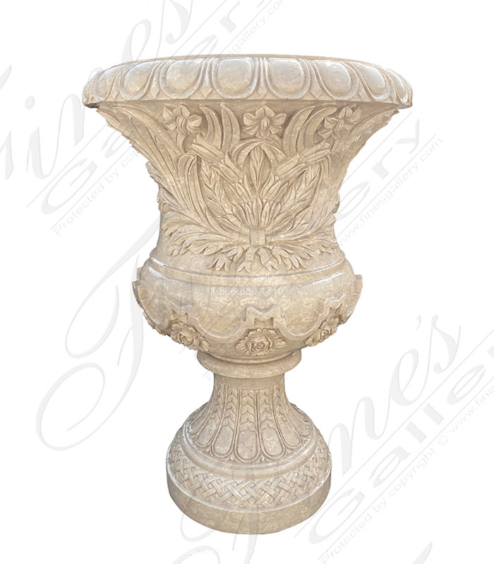 Marble Planters  - Ornately Hand Carved Perlato Light Marble Urn - MP-542