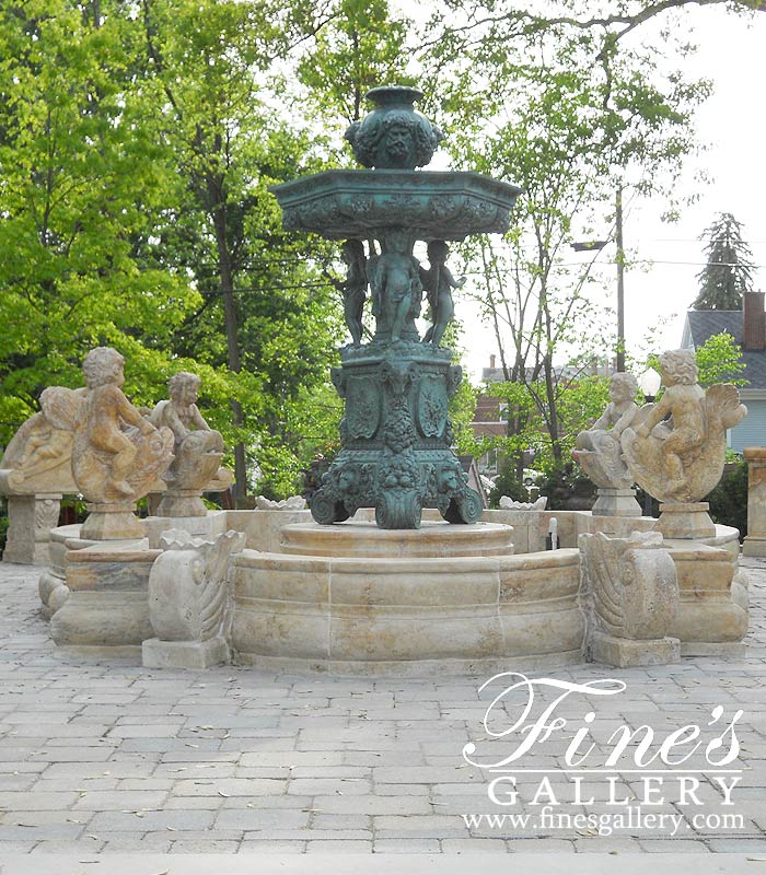 Marble Fountains  - Cherub & Shell Quatrefoil Pool In Travertine - MPL-250