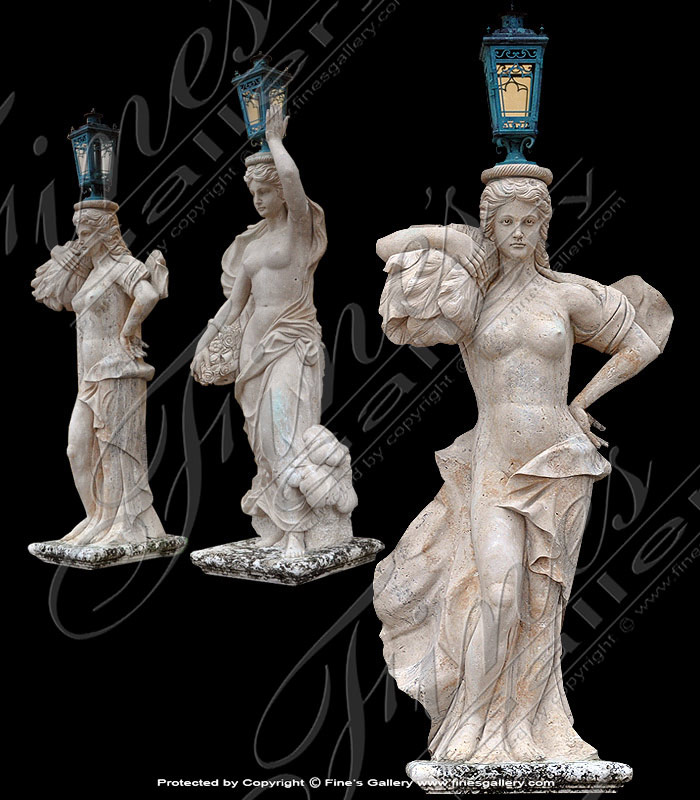 Marble Statues  - Marble Lamp Post Statue Pair - MS-1120
