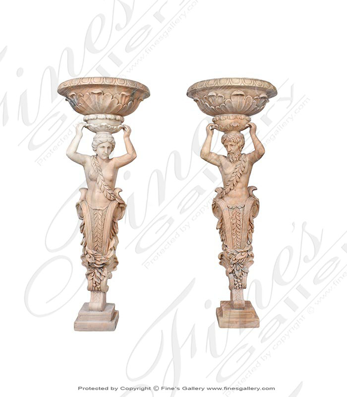 Man and Woman Greek Style Statues with Urn Pair