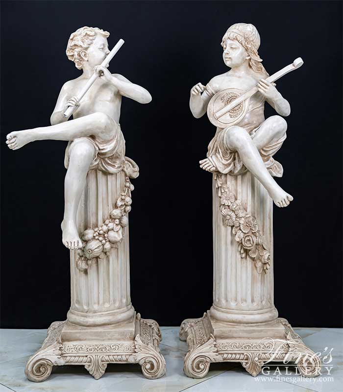 Marble Statues  - Cast Marble Child Flutist And Mandolin Player Pair - MS-1267