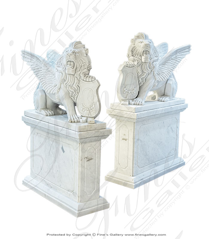 Marble Statues  - Winged Lion Marble Pair - MS-1329