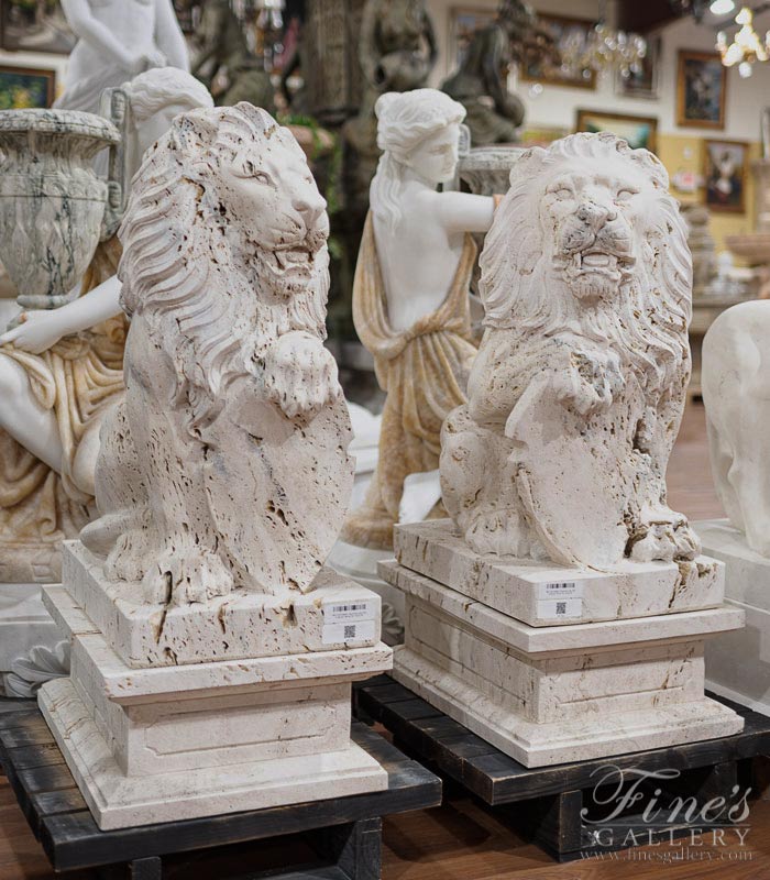 Marble Statues  - Italian Travertine Lion Pair - MS-1333
