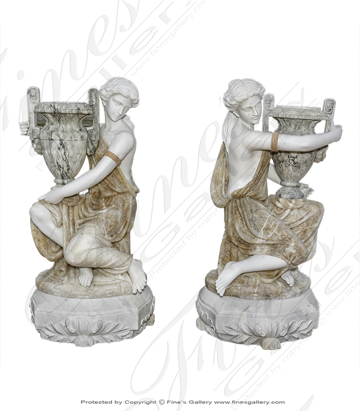 Marble Statues  - Kneeling Women In Togas With Urns - MS-1347
