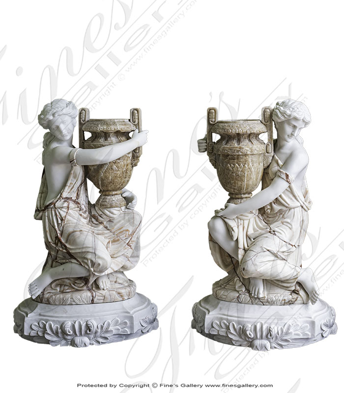 Marble Statues  - Kneeling Women In Togas With Urns - MS-1348