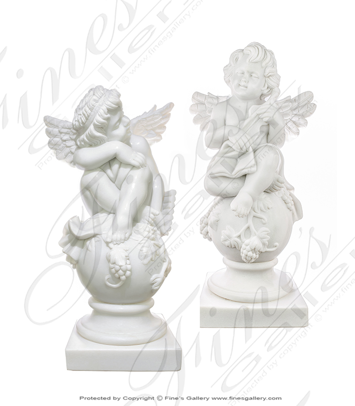 Marble Statues  - Carved Marble Cherub Pair  - MS-1379