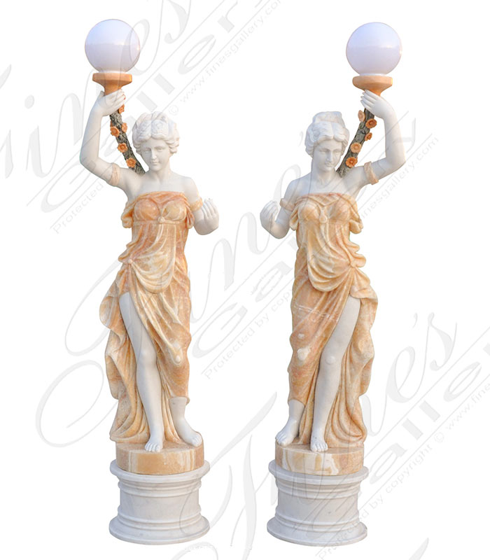Marble Statues  - Stunning Multicolor Marble Lamp Post Pair - MS-1383