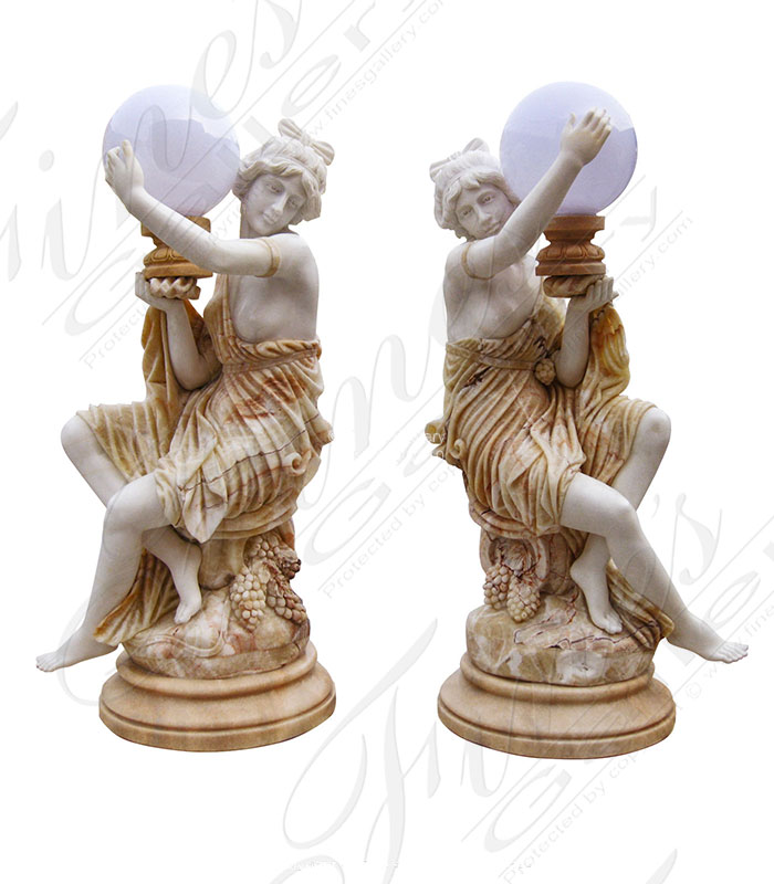 Marble Statues  - Stunning Multcolor Marble Lamp Pair - MS-1392