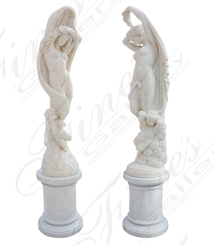 Marble Statues  - Pair Of Highly Ornate Roman Cherub Women - MS-1393
