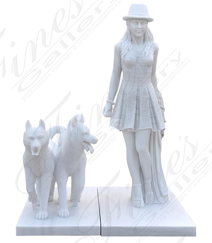 Marble Statues  - Stylish Young Woman Walking Dogs - MS-1445