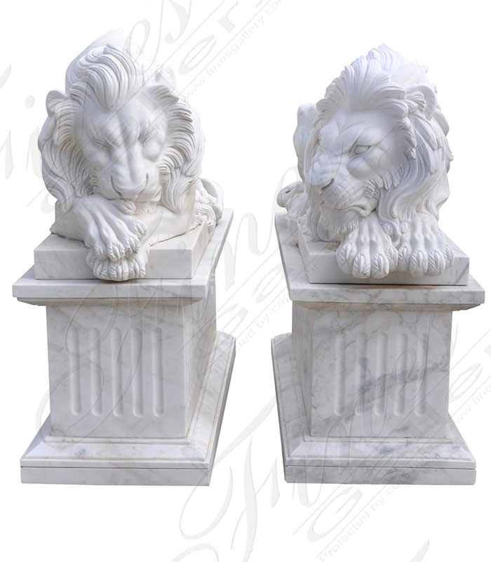 Resting Lion Pair in Hand Carved White Marble