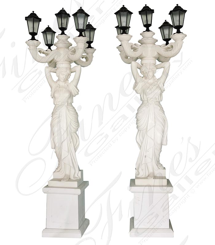 Marble Statues  - 116 Inch Tall Figural Lamp Post Pair - MS-1487