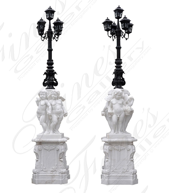 Marble Statues  - 138 Inch Statuary Cherubim Lamp Post Pair - MS-1489