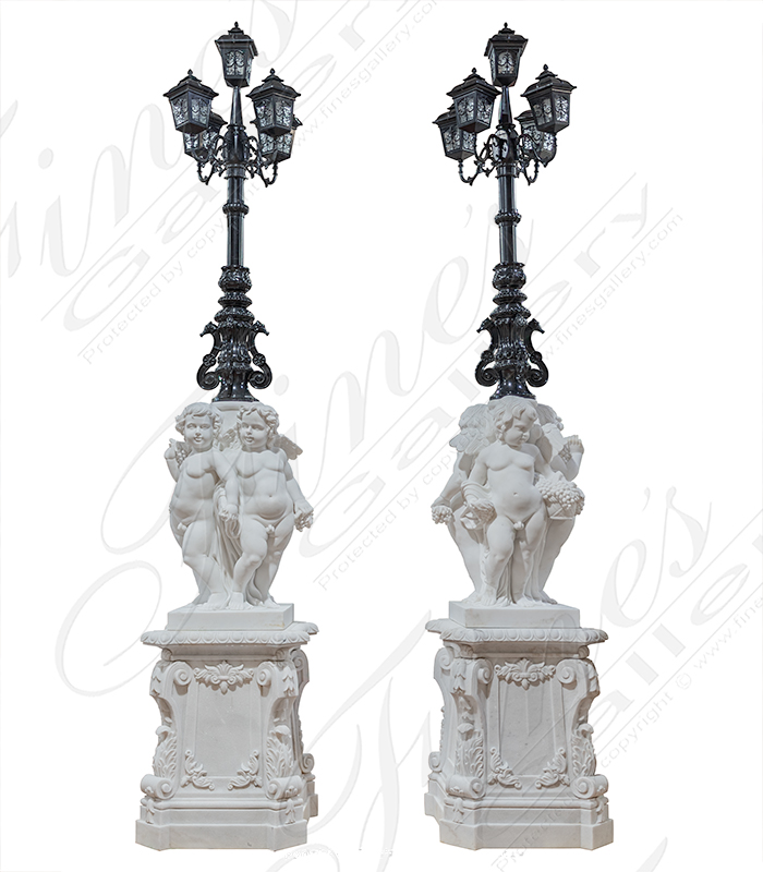 Marble Statues  - 138 Inch Statuary Cherubim Lamp Post Pair - MS-1489