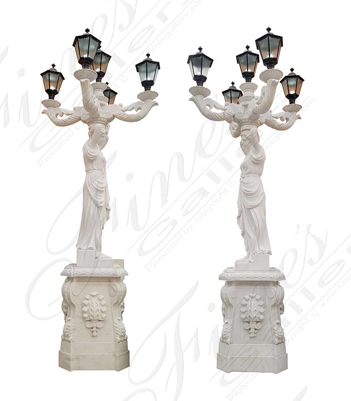 Marble Statues  - 177 Inch Tall Marble Lamp Post Pair - MS-1490