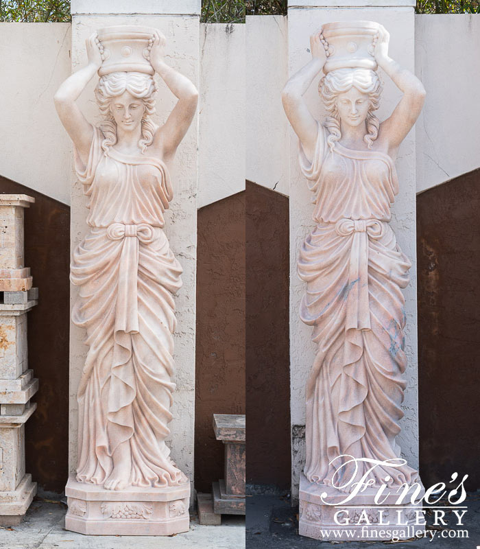 Oversized Hand Carved Marble Caryatid Statue Pair