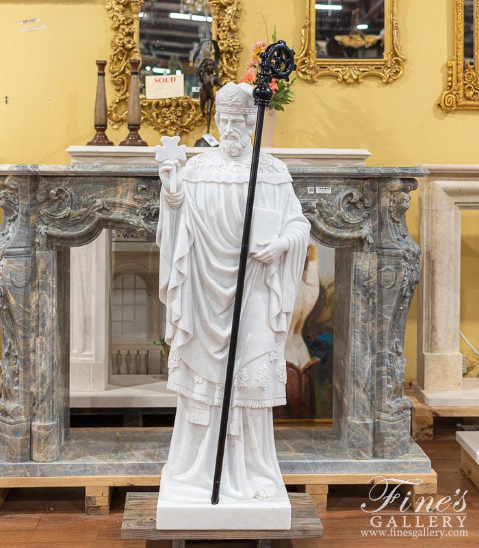 Marble Statues  - 60 Inch St Patrick Statue In Hand Carved Statuary White Marble - MS-1505