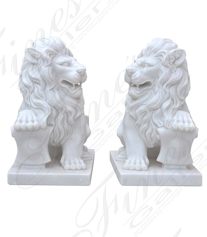 Marble Statues  - Seated Self Facing Lions In Statuary White Marble  - MS-1514