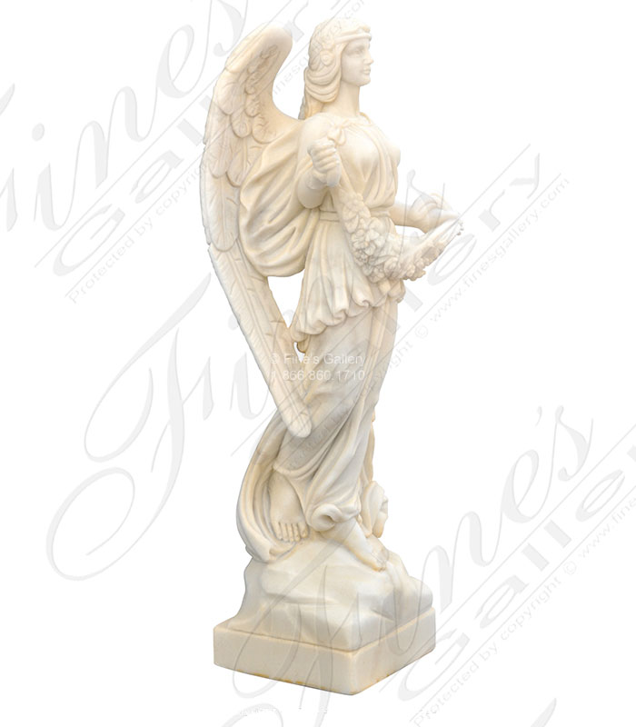 Marble Statues  - Angel With Floral Garland In Antique White Marble - MS-1516