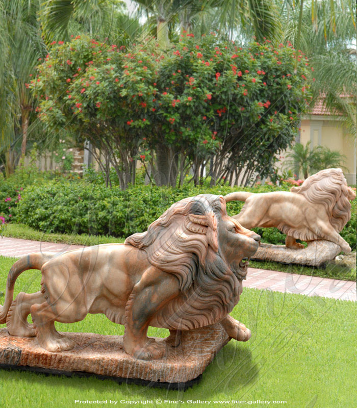 Marble Statues  - Natural Travertine Lion Pair - MS-490