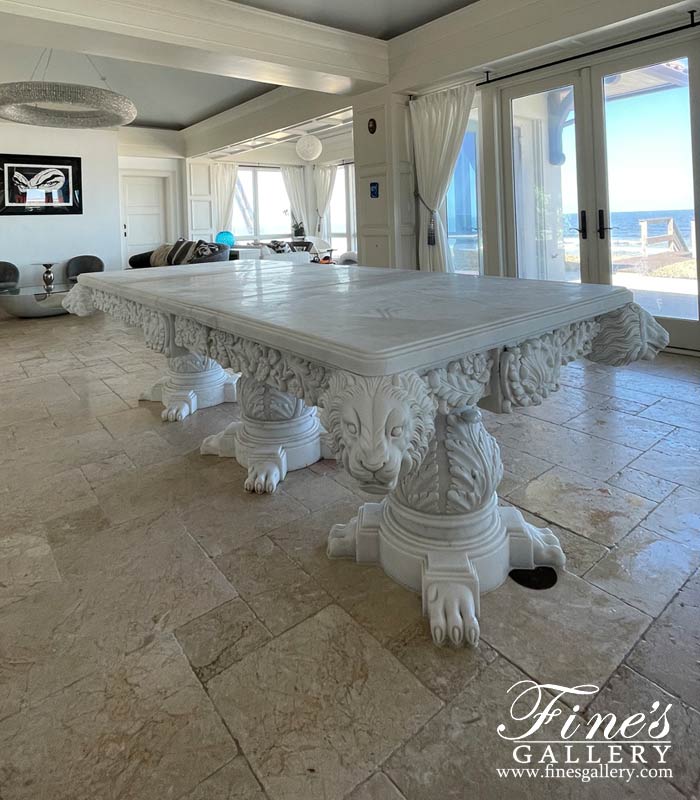 Marble Tables  - Ornate Lion Head Themed Dining Table In Statuary White Marble - MT-279