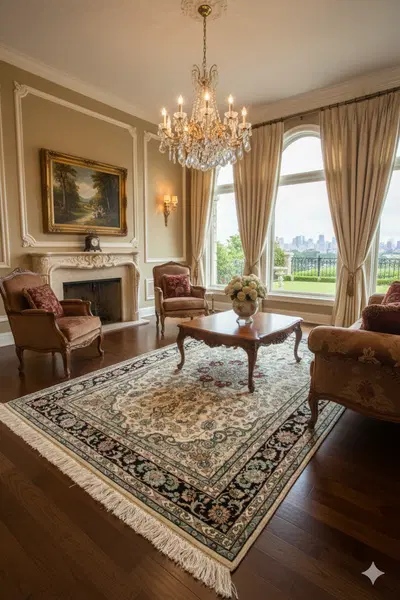 Ivory Hand Knotted Silk Rug Rectangle with Red, Green and Indigo Border - Luxury Oriental Area Rug