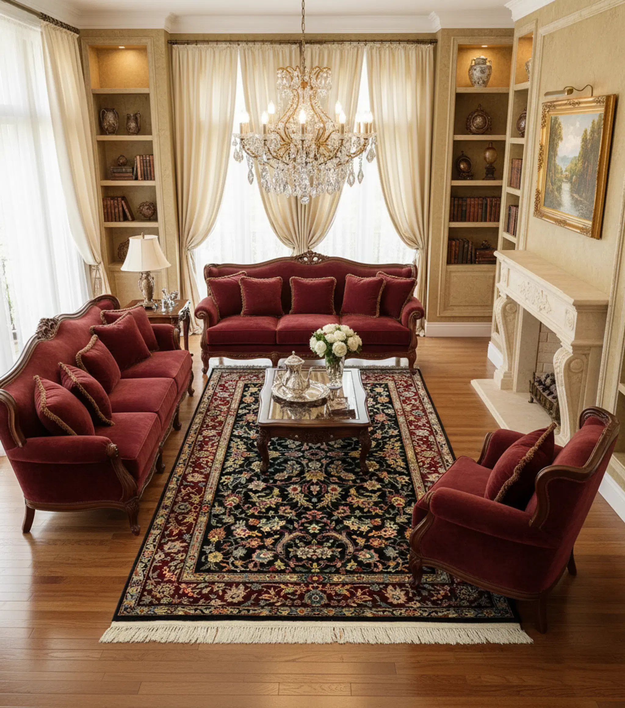 Hand Knotted Wool Rug Rectangle with Raised Silk Design - Black with Ivory Border