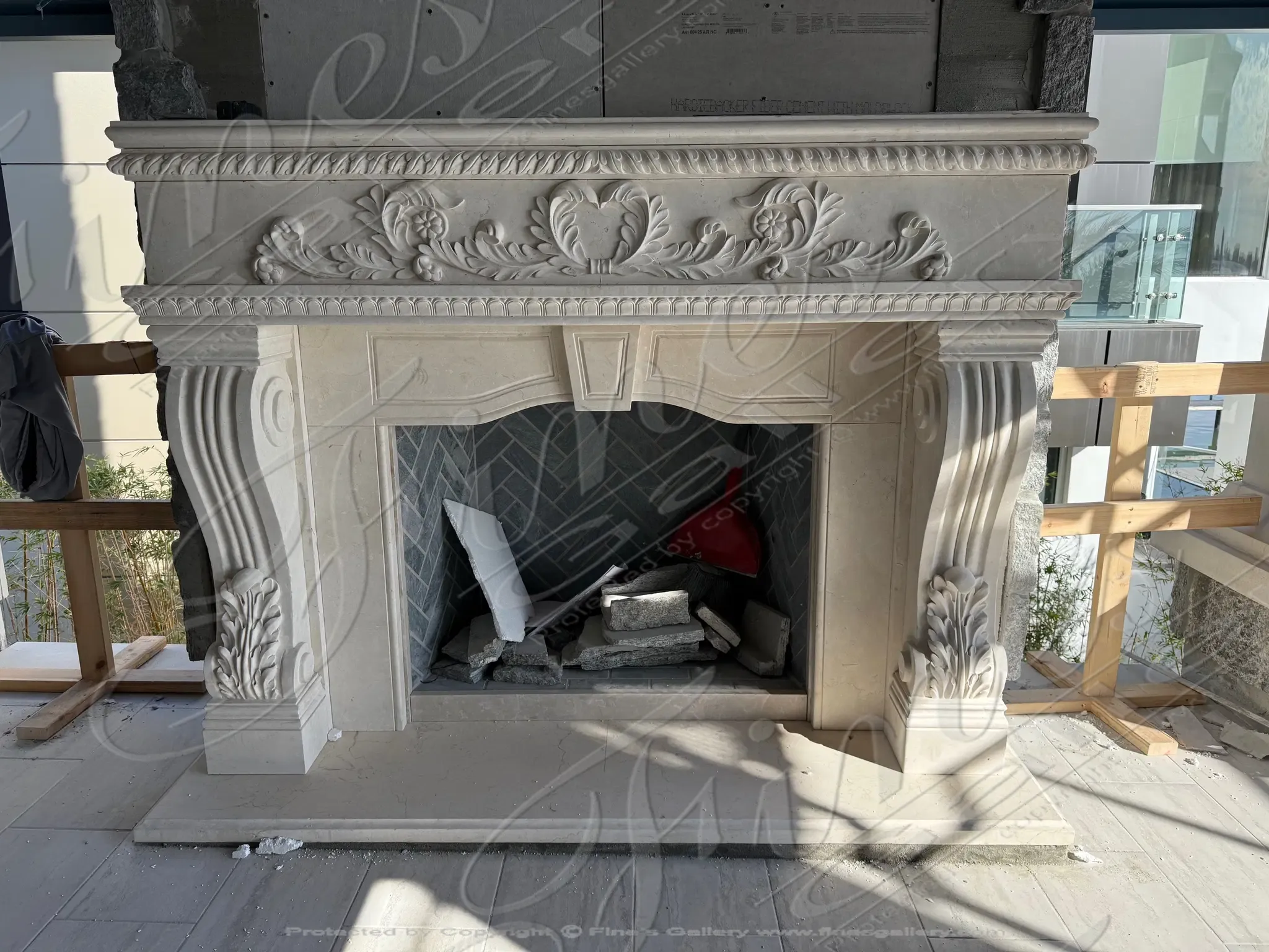 Italian marble fireplace installation