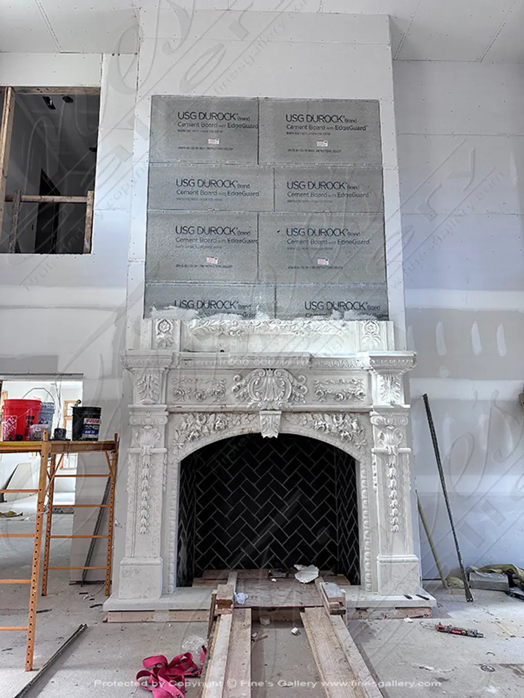 20 Foot Tall Overmantel in Italian Bianco Perlino Marble