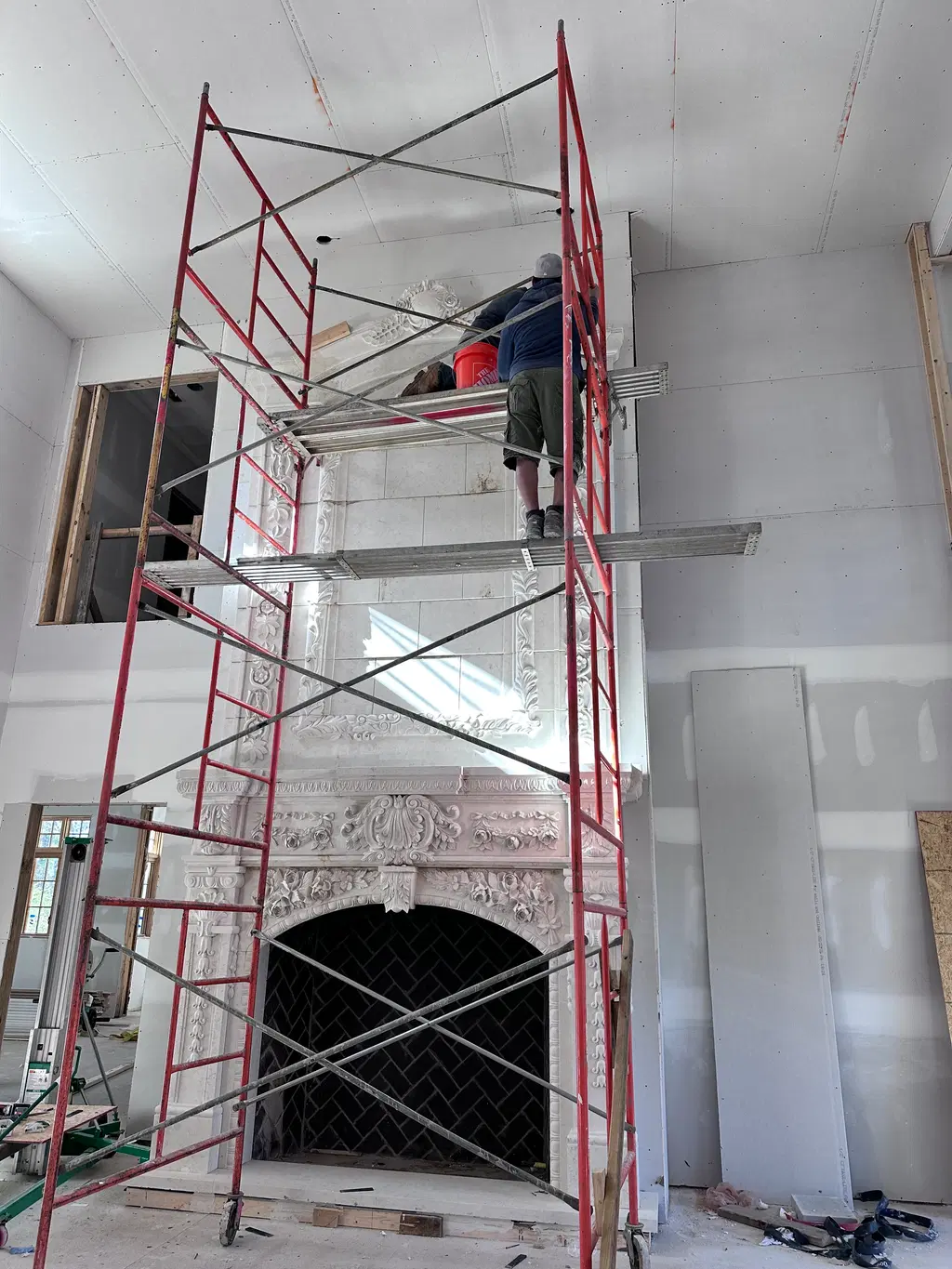 Identical 20 Foot Tall Overmantels in Italian Bianco Perlino…