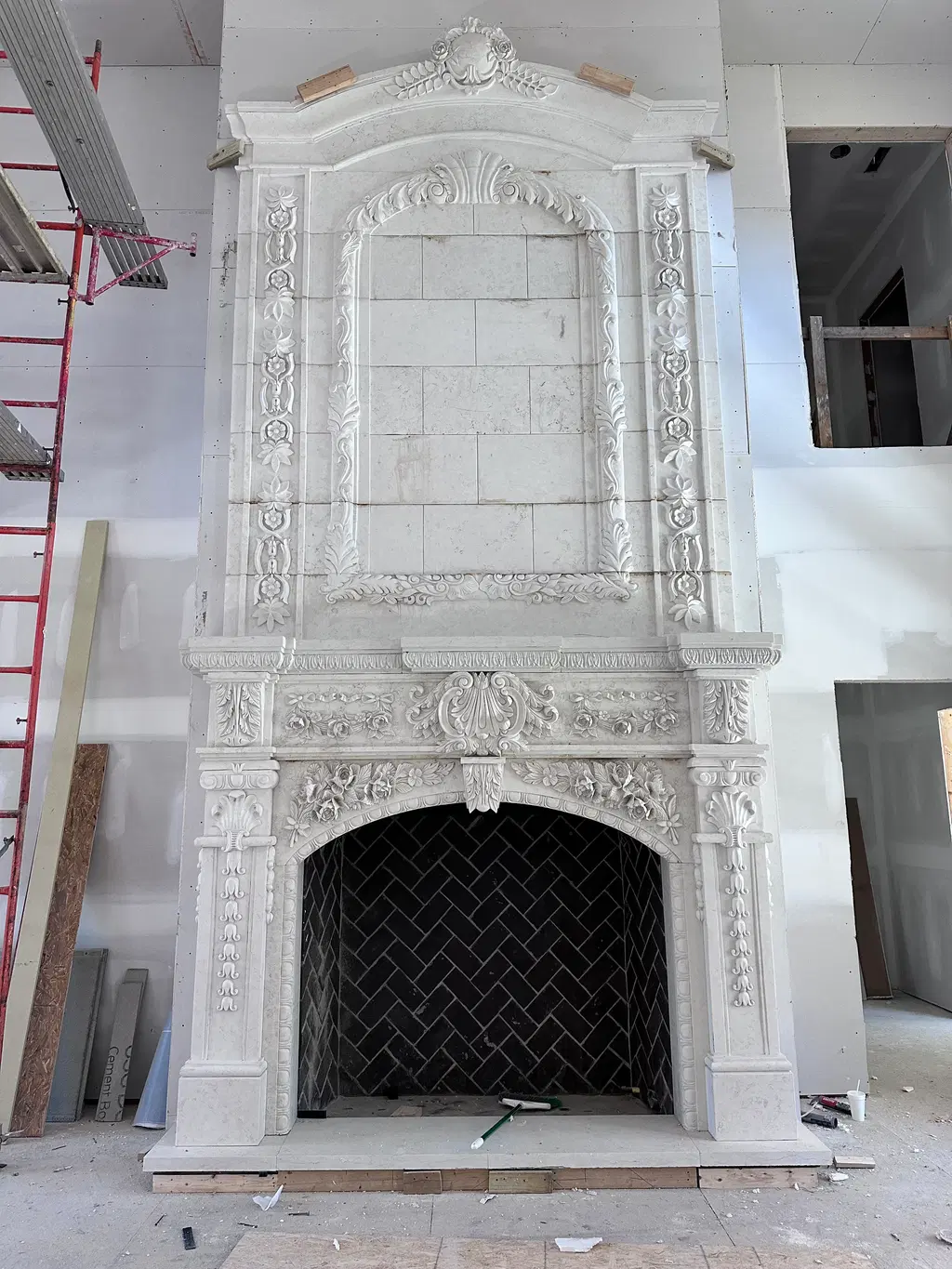 Identical 20 Foot Tall Overmantels in Italian Bianco Perlino…