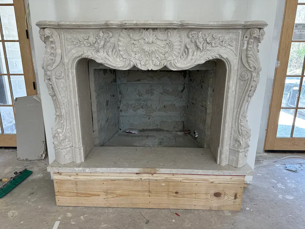 Identical 20 Foot Tall Overmantels in Italian Bianco Perlino…