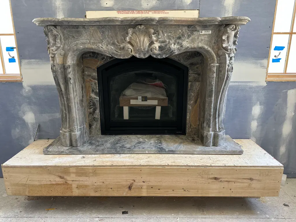 Identical 20 Foot Tall Overmantels in Italian Bianco Perlino…